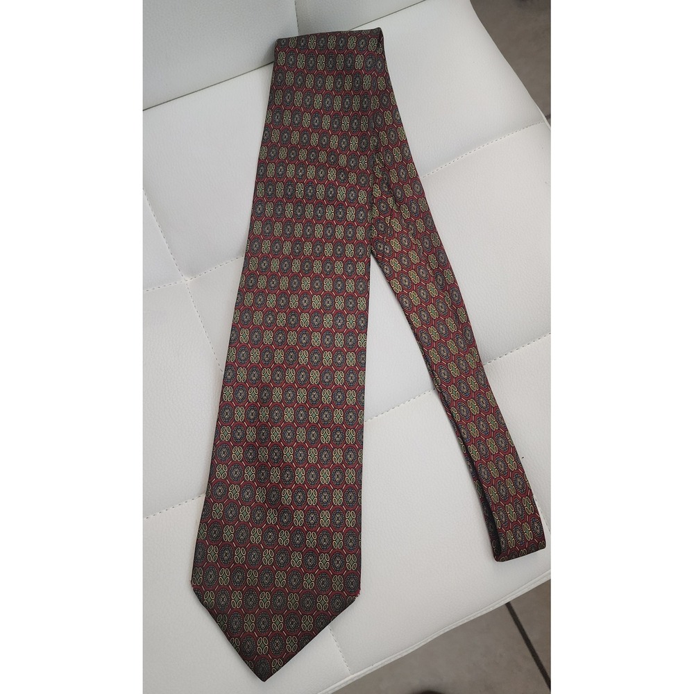 Pierre Balmain Paris Silk Tie Red Blue Green Geometric Medallion Made in France